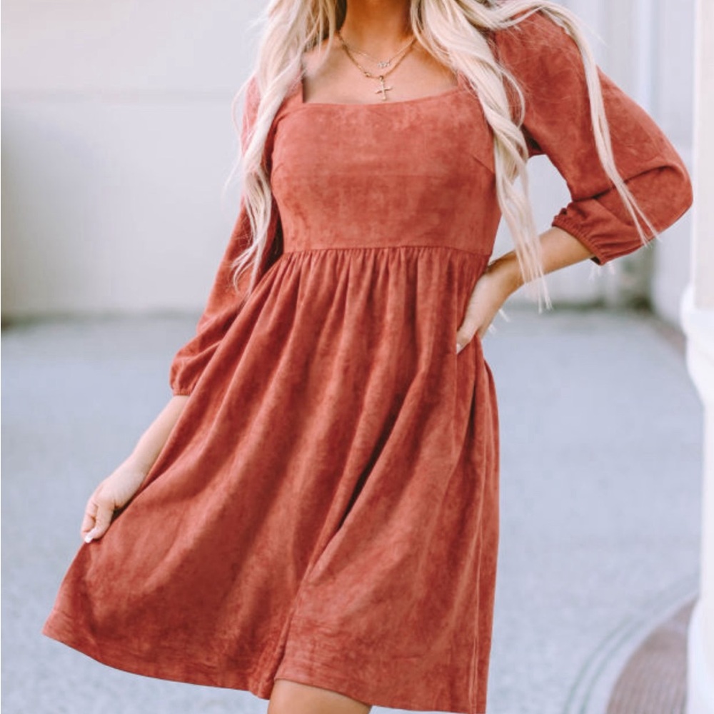 *Host Pick!🎉 Brown Boho Suede Square Neck Mini Swing Dress with Square Neckline - Picture 3 of 15